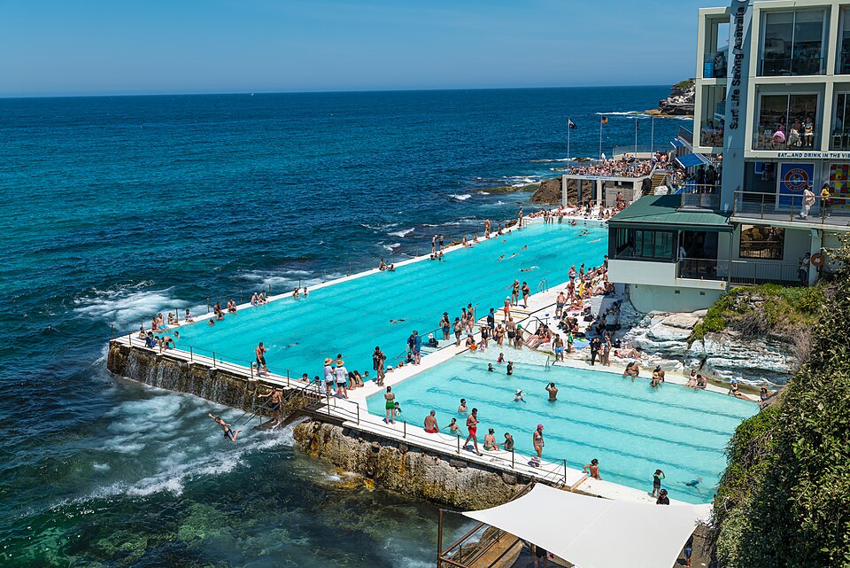 The Icebergs pool at the south end of the beach, swimmers and surf beyond