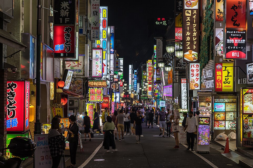 A Kabukichō street at night, stacked neon signs down both sides